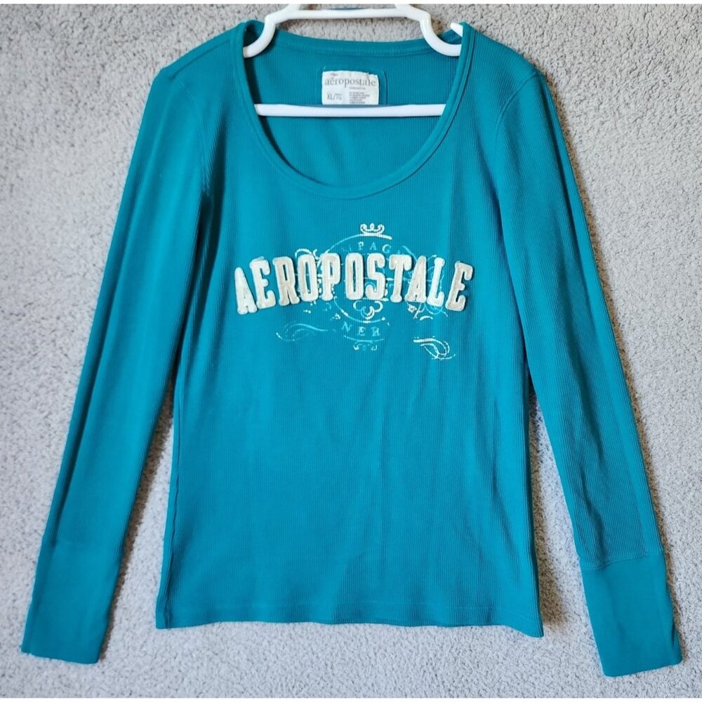 Vtg Y2K Aeropostale Women's Sz XL Long Sleeve Scoop Neck Waffle Knit Top‎ Blue
